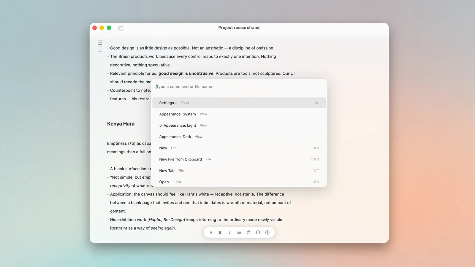 The command palette open over a document, showing fuzzy-matched actions.