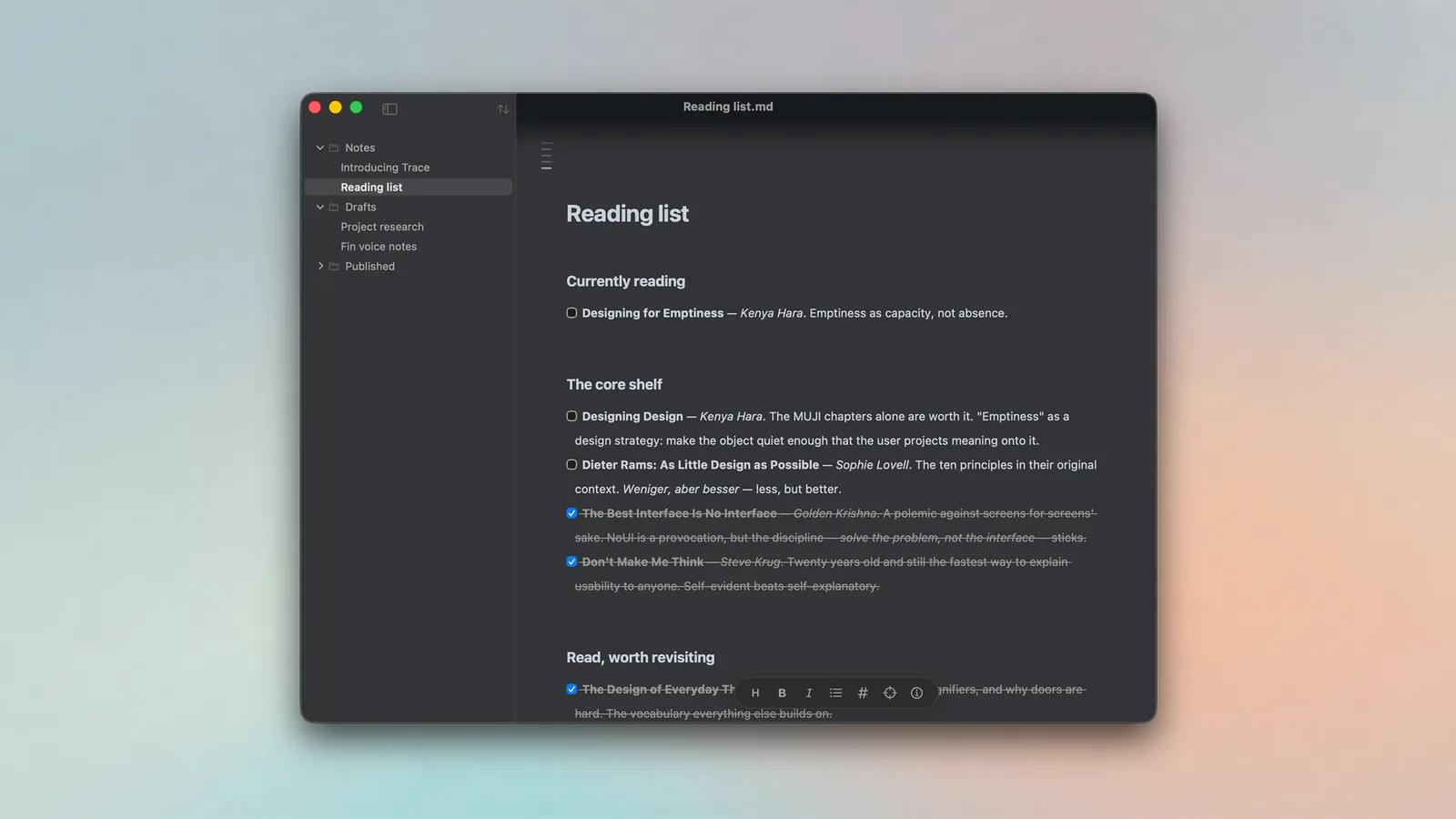 The file sidebar showing a tree of Markdown documents next to the editor.